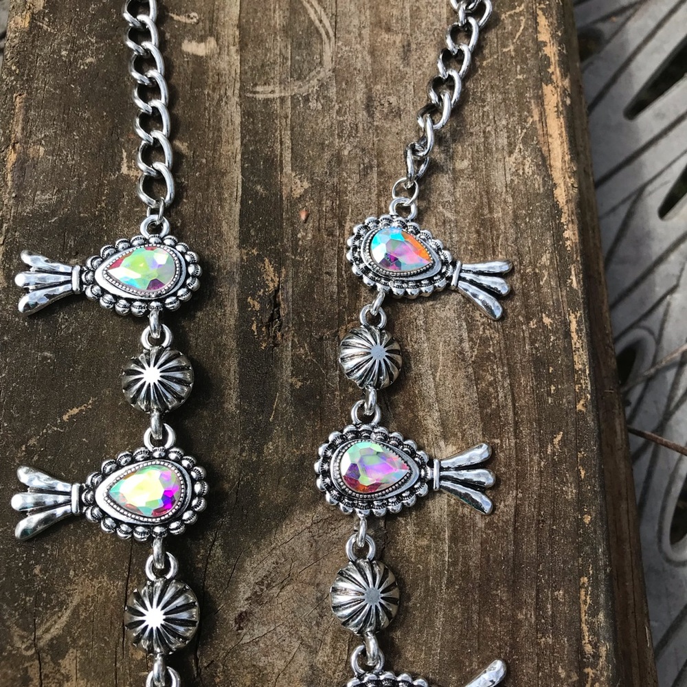 Bohemian Western Cowboy Horseshoe Squash Blossom Silver Rhinestone Necklace - Picture 7 of 16